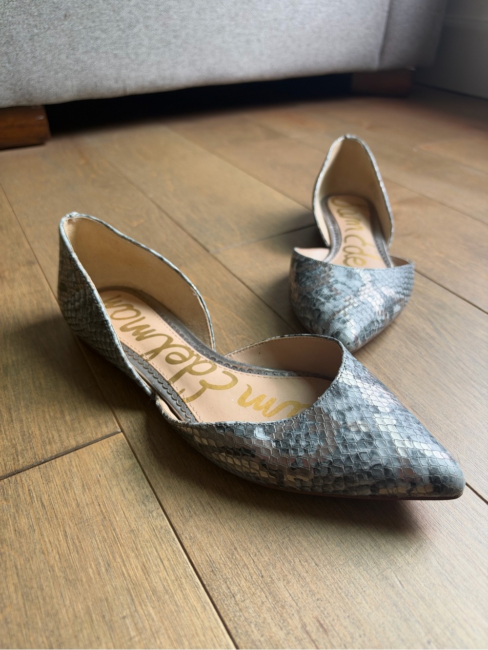 Sam Edelman Metallic Snake-Print D'Orsay Pointed Flats in Silver